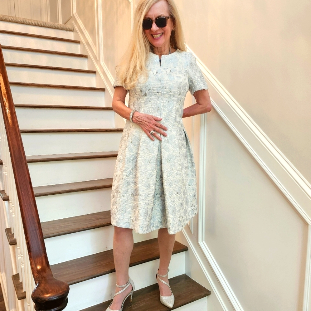 Rickie Freeman for Teri Jon Jacquard Powder Blue & Silver Dress, Size 8, $150